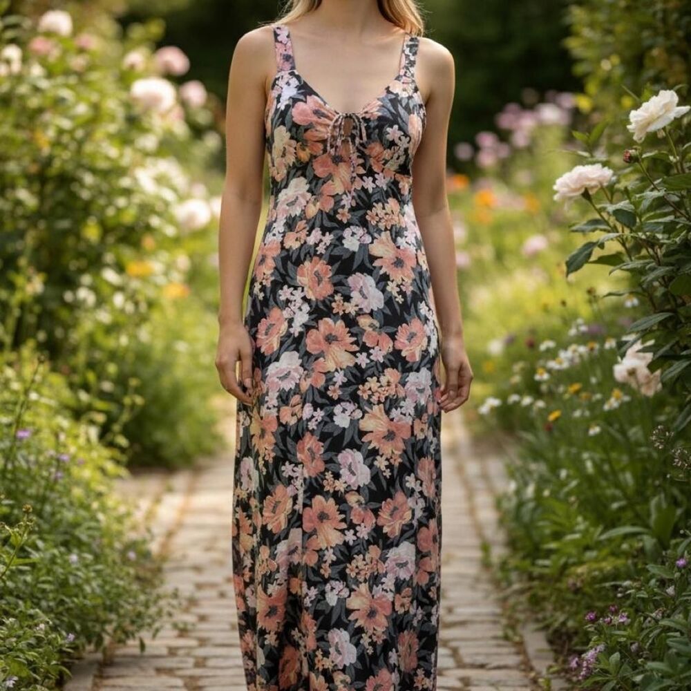 SO Floral Maxi Dress Black Multicolor Side Slit Sleeveless Women’s Small